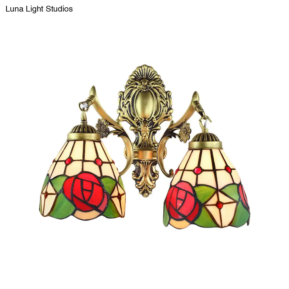 Rustic Tiffany Stained Glass Sconce Lighting - Indoor Wall Light With Aged Brass Finish