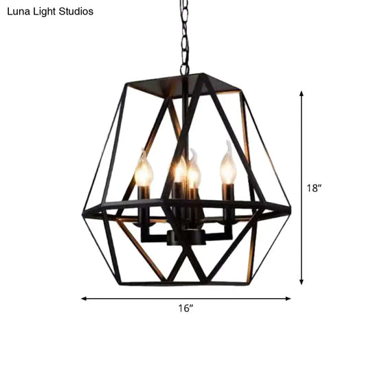 Rustic Trapezoid Cage Chandelier Pendant With 4 Bulb Black Iron Hanging Light