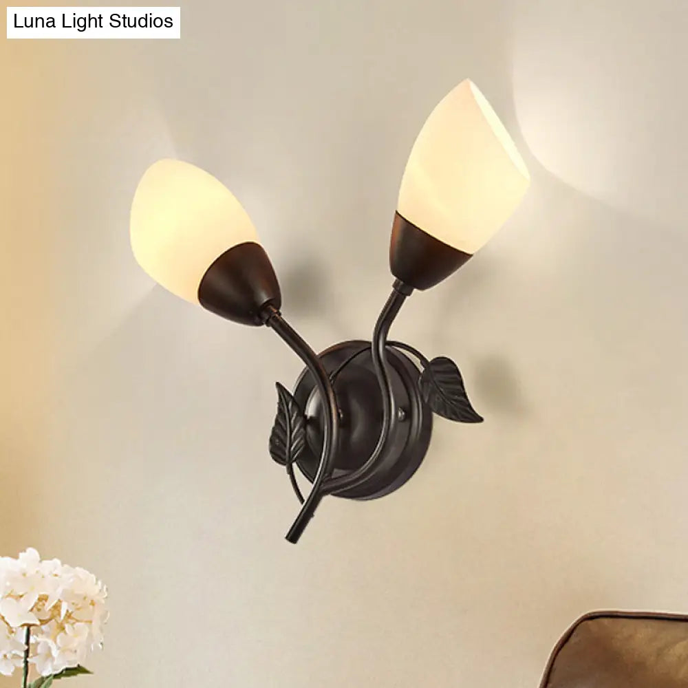 Rustic Tulip Wall Sconce Light With 2 Opal Frosted Glass Bulbs - Black/Gold Bedroom Lamp