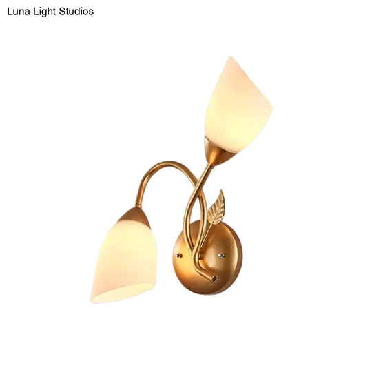 Rustic Tulip Wall Sconce Light With 2 Opal Frosted Glass Bulbs - Black/Gold Bedroom Lamp