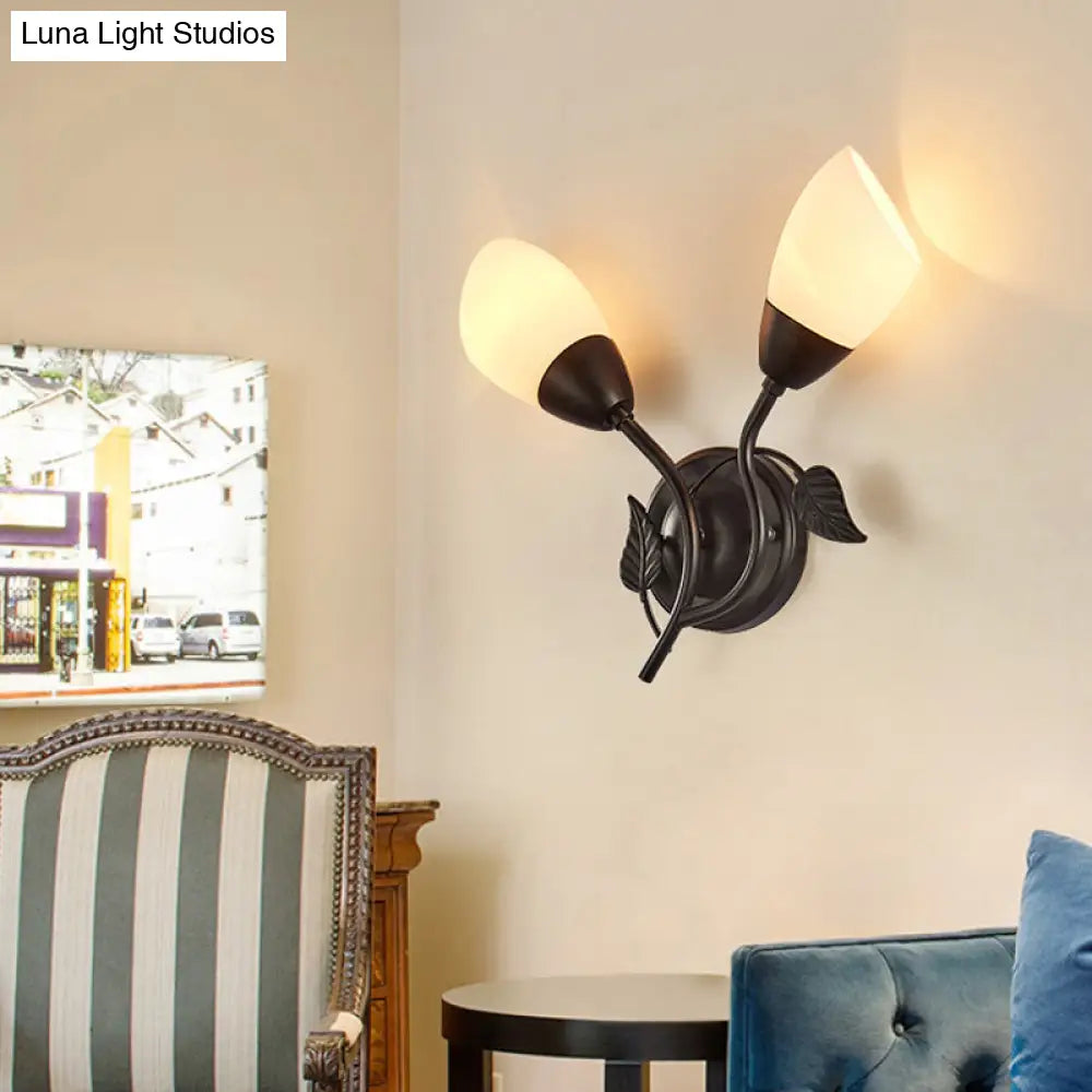 Rustic Tulip Wall Sconce Light With 2 Opal Frosted Glass Bulbs - Black/Gold Bedroom Lamp