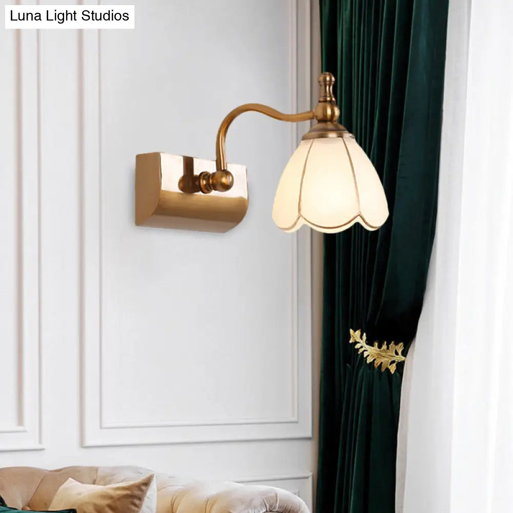 Rustic Wall Mounted Vanity Lamp: White Glass Brass Scalloped 1/2-Light With Curved Arm