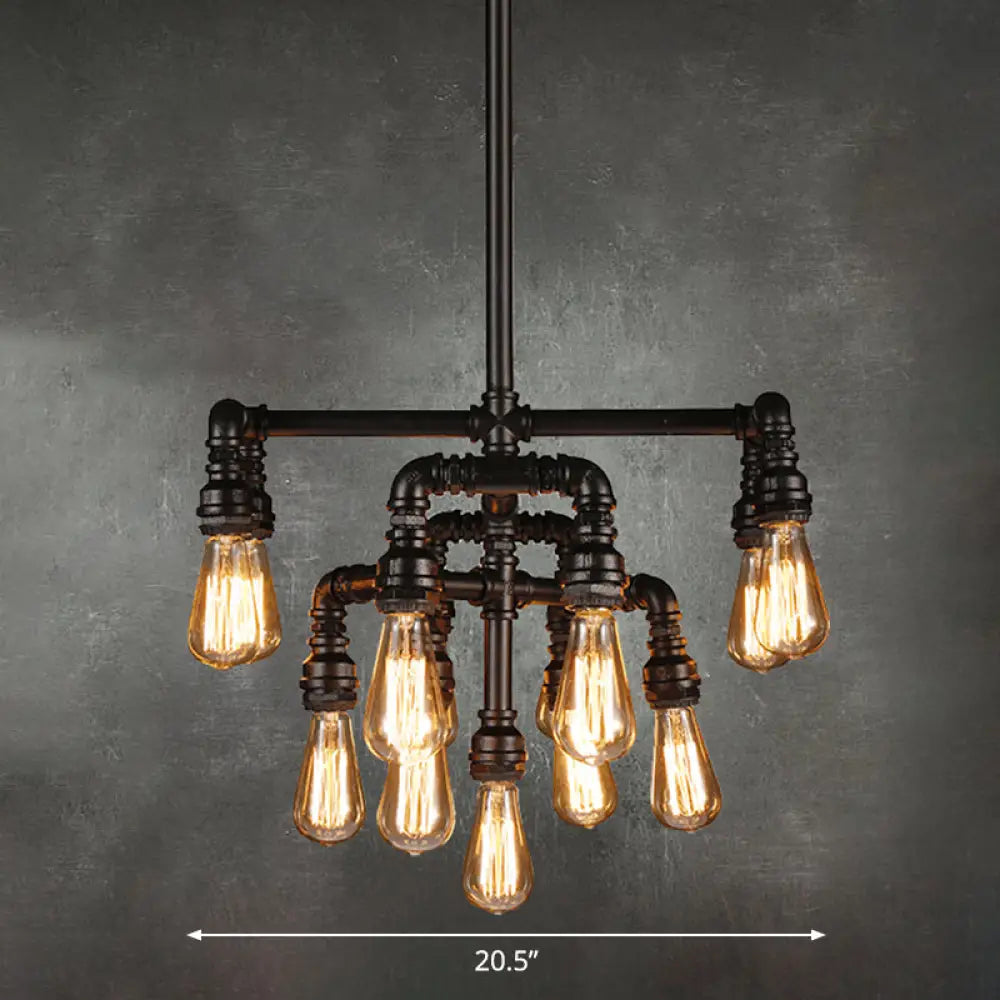 Rustic Water Pipe Iron Chandelier With 13 Lights In Black