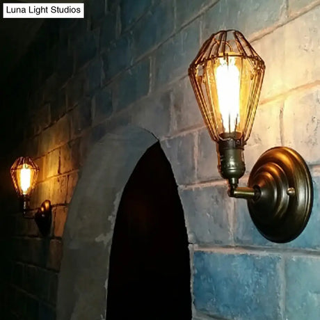 Rustic Weathered Brass Iron Wall Sconce Lighting - Caged Mini Lamp For Dining Room