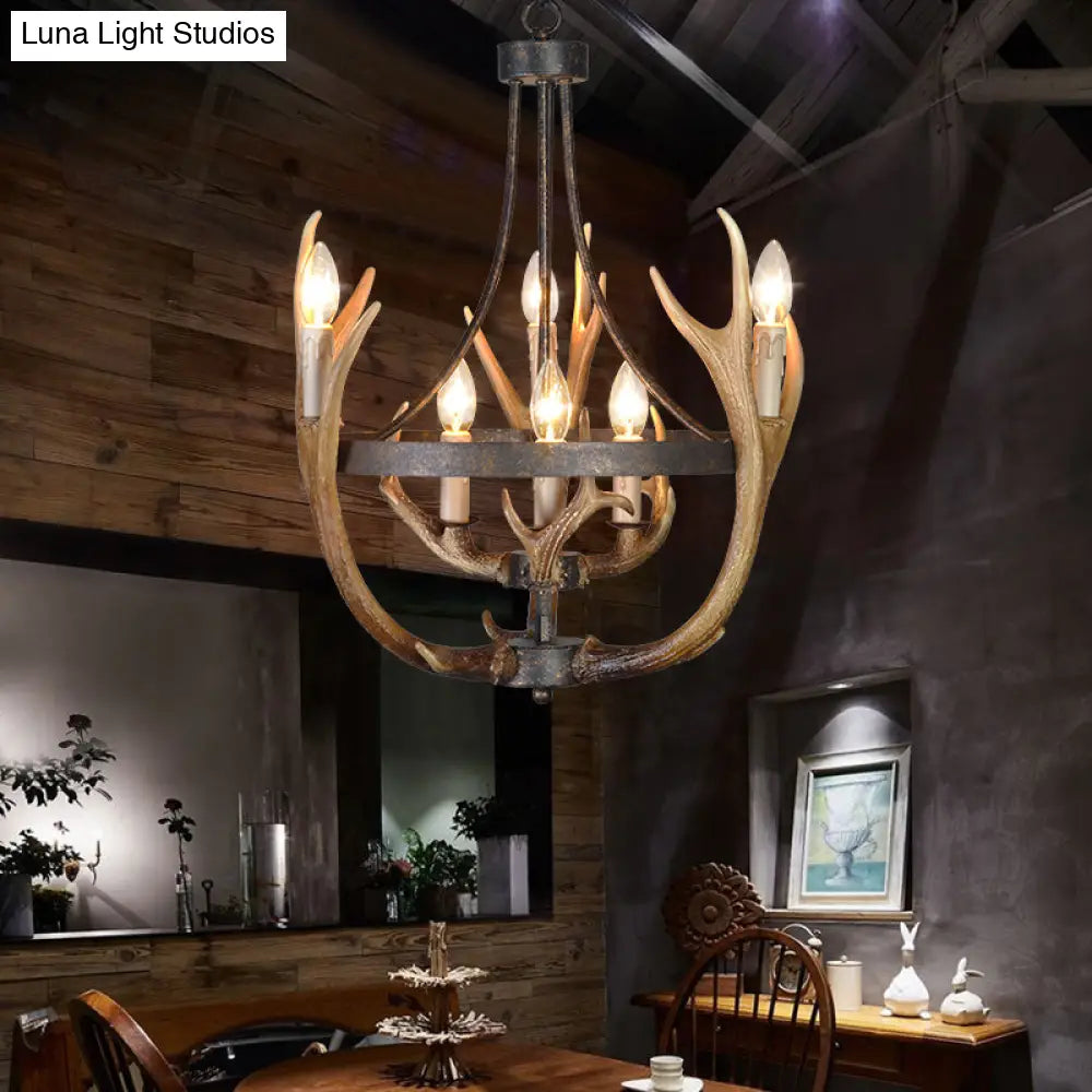 Rustic Wheel Resin Pendant Chandelier With Elk Deco - 6/9 Lights Brown Perfect For Dining Room