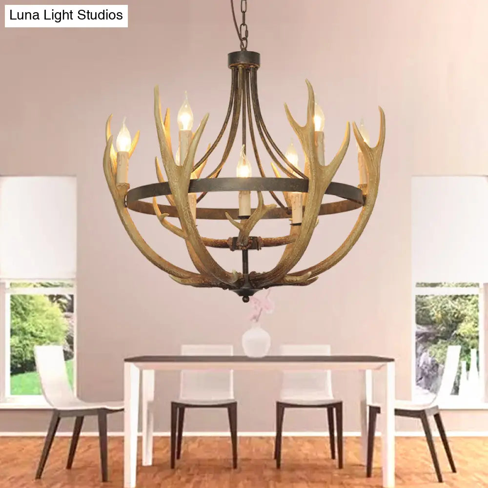 Rustic Wheel Resin Pendant Chandelier With Elk Deco - 6/9 Lights Brown Perfect For Dining Room