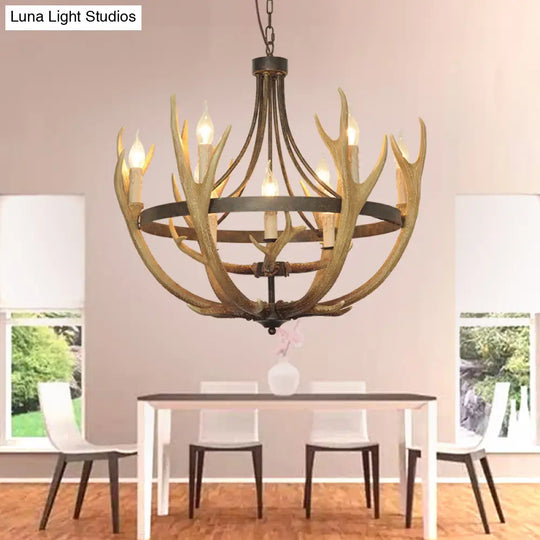 Rustic Wheel Resin Pendant Chandelier With Elk Deco - 6/9 Lights Brown Perfect For Dining Room