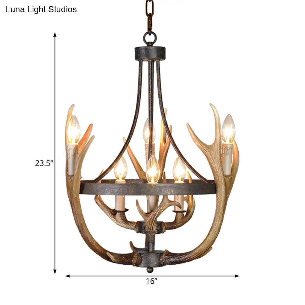 Rustic Wheel Resin Pendant Chandelier With Elk Deco - 6/9 Lights Brown Perfect For Dining Room