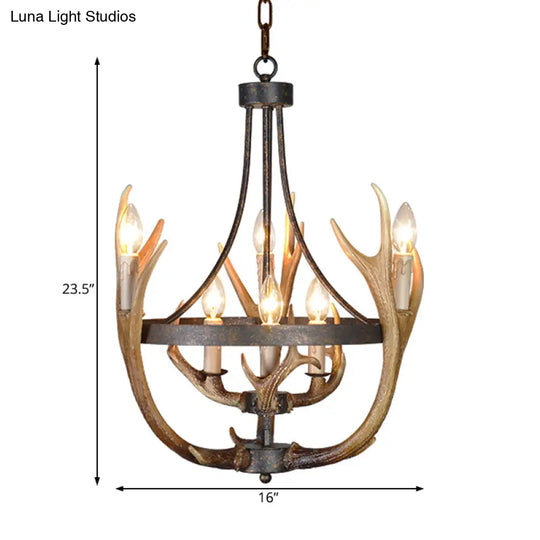 Rustic Wheel Resin Pendant Chandelier With Elk Deco - 6/9 Lights Brown Perfect For Dining Room