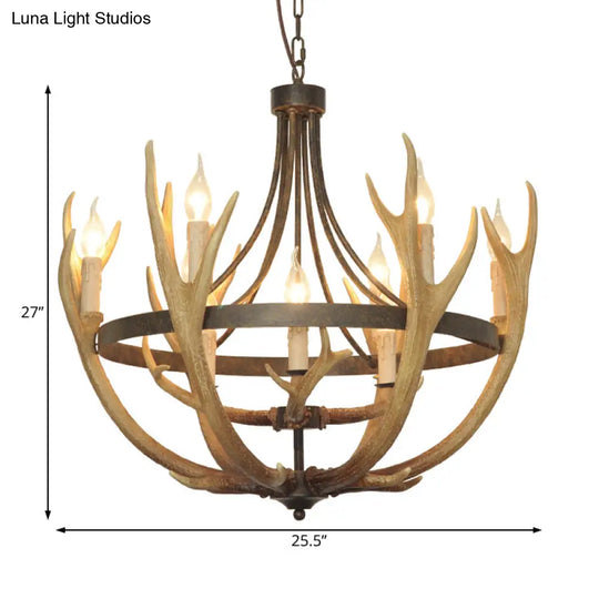 Rustic Wheel Resin Pendant Chandelier With Elk Deco - 6/9 Lights Brown Perfect For Dining Room