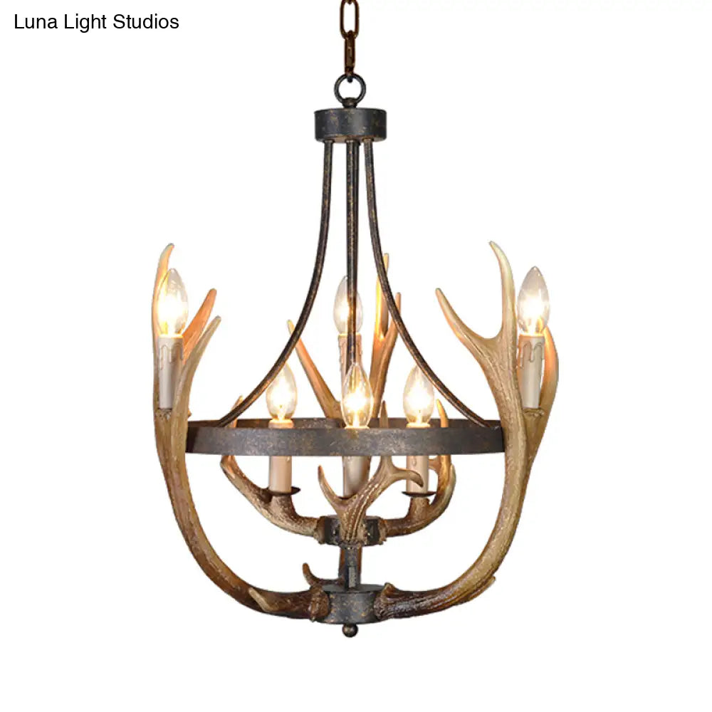 Rustic Wheel Resin Pendant Chandelier With Elk Deco - 6/9 Lights Brown Perfect For Dining Room