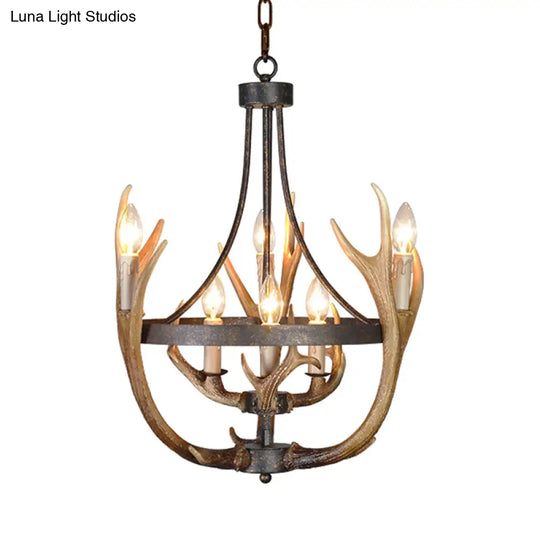 Rustic Wheel Resin Pendant Chandelier With Elk Deco - 6/9 Lights Brown Perfect For Dining Room
