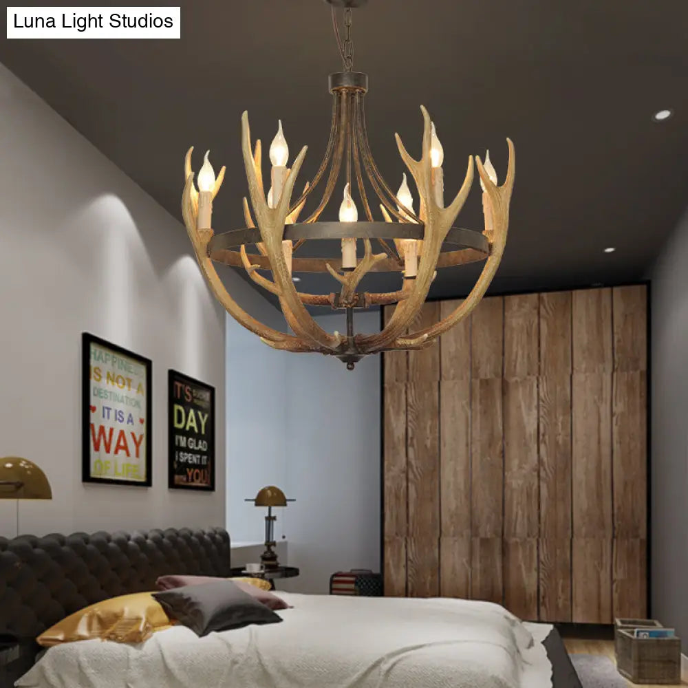 Rustic Wheel Resin Pendant Chandelier With Elk Deco - 6/9 Lights Brown Perfect For Dining Room