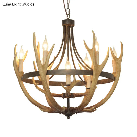Rustic Wheel Resin Pendant Chandelier With Elk Deco - 6/9 Lights Brown Perfect For Dining Room