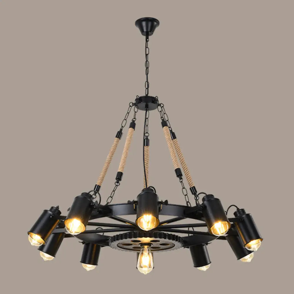 Rustic Wheel Suspension Iron Chandelier With Hemp Rope Decoration - Black 10 /