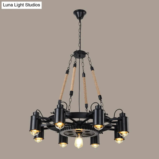 Black Rustic Wheel Suspension Iron Chandelier With Hemp Rope Decor 8 /