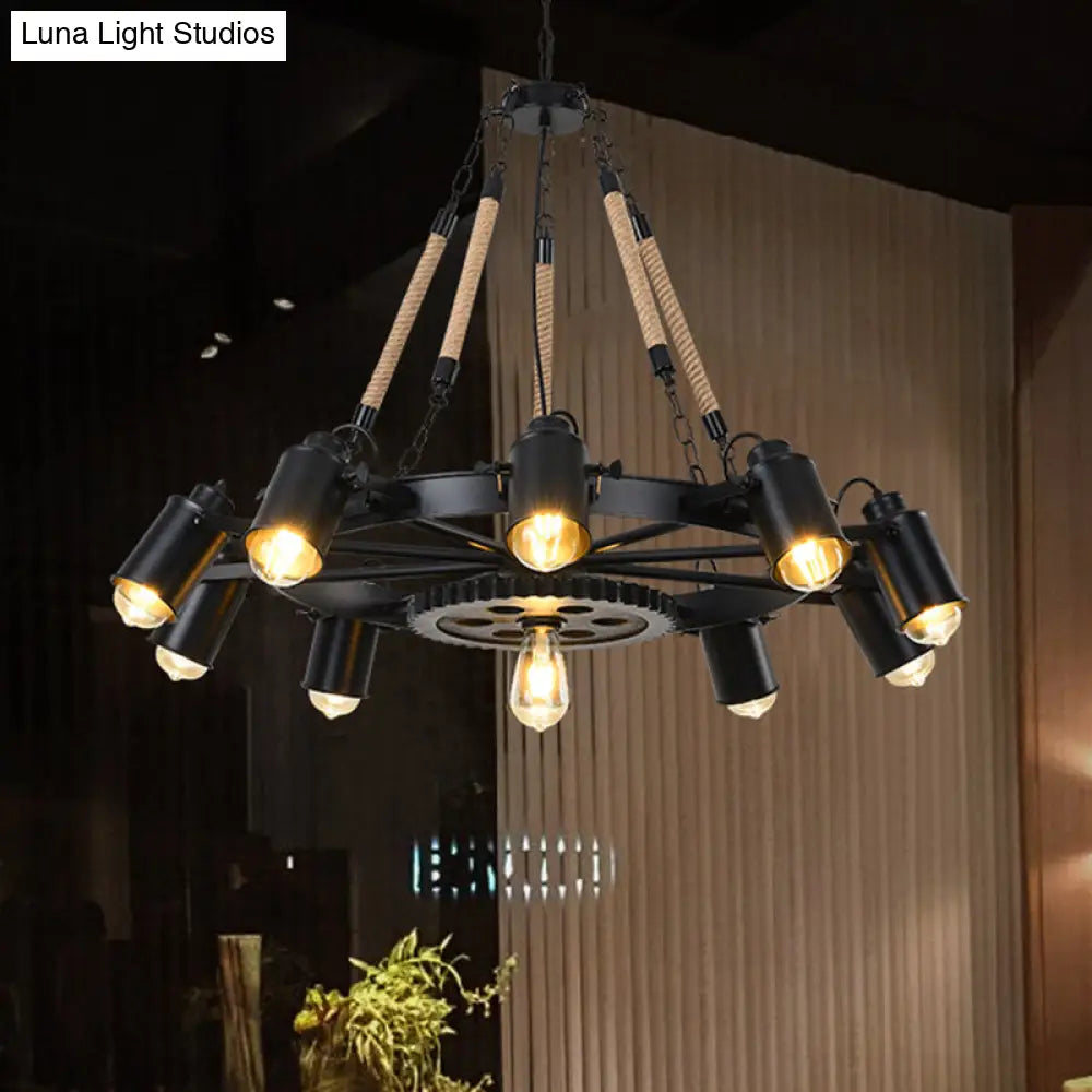 Rustic Wheel Suspension Iron Chandelier With Hemp Rope Decoration - Black