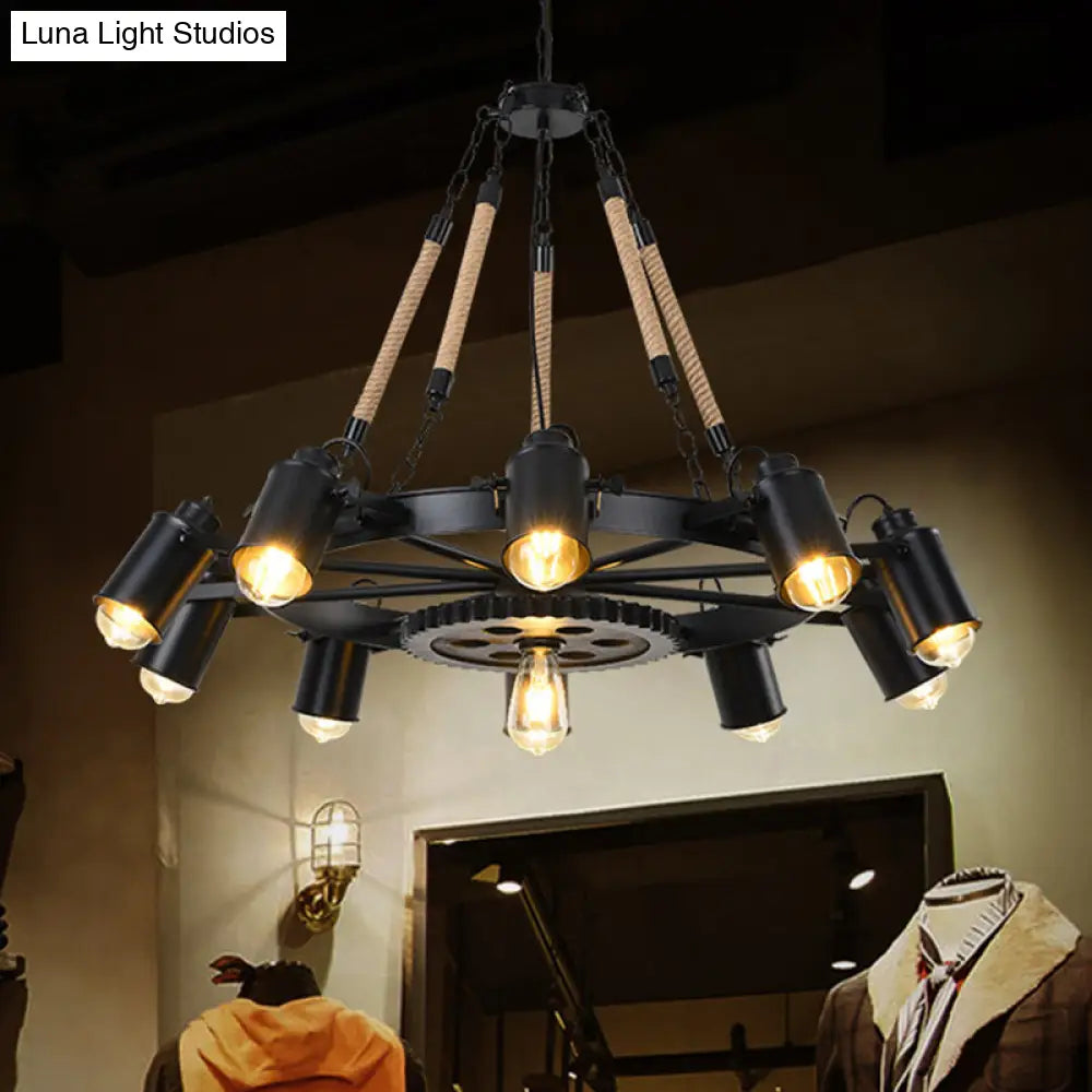 Rustic Wheel Suspension Iron Chandelier With Hemp Rope Decoration - Black