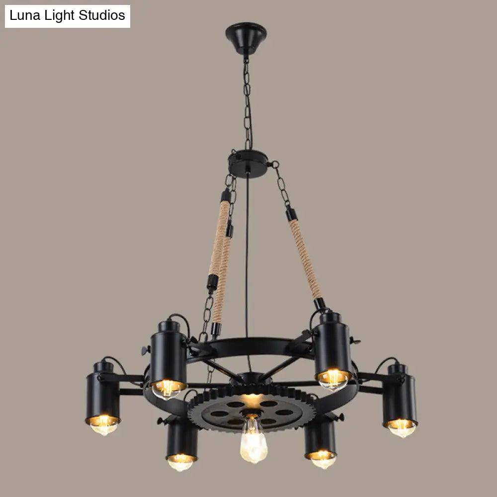 Black Rustic Wheel Suspension Iron Chandelier With Hemp Rope Decor 6 /