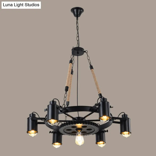 Black Rustic Wheel Suspension Iron Chandelier With Hemp Rope Decor 6 /