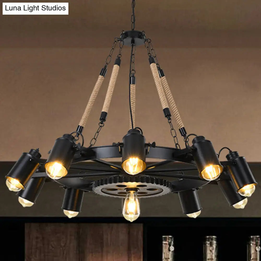 Black Rustic Wheel Suspension Iron Chandelier With Hemp Rope Decor