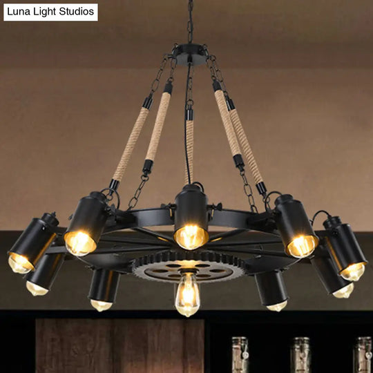 Black Rustic Wheel Suspension Iron Chandelier With Hemp Rope Decor