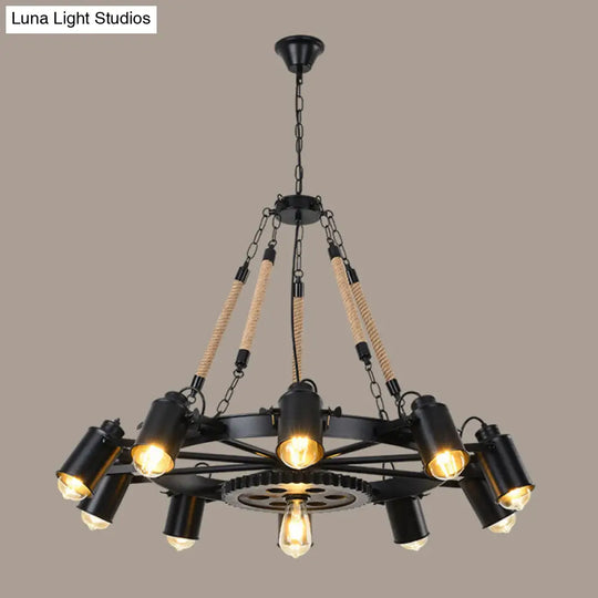Black Rustic Wheel Suspension Iron Chandelier With Hemp Rope Decor 10 /