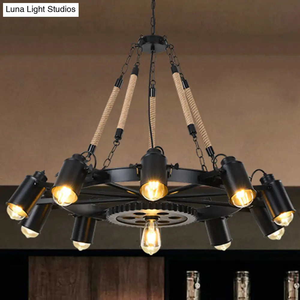 Rustic Wheel Suspension Iron Chandelier With Hemp Rope Decoration - Black
