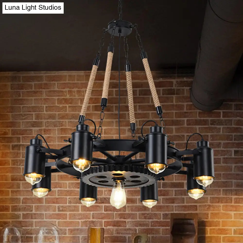 Black Rustic Wheel Suspension Iron Chandelier With Hemp Rope Decor