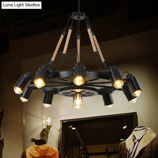 Black Rustic Wheel Suspension Iron Chandelier With Hemp Rope Decor
