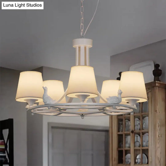Rustic White Chandelier Lamp With 5 Fabric Cone Pendant Lights And Duck Decoration For Living Room