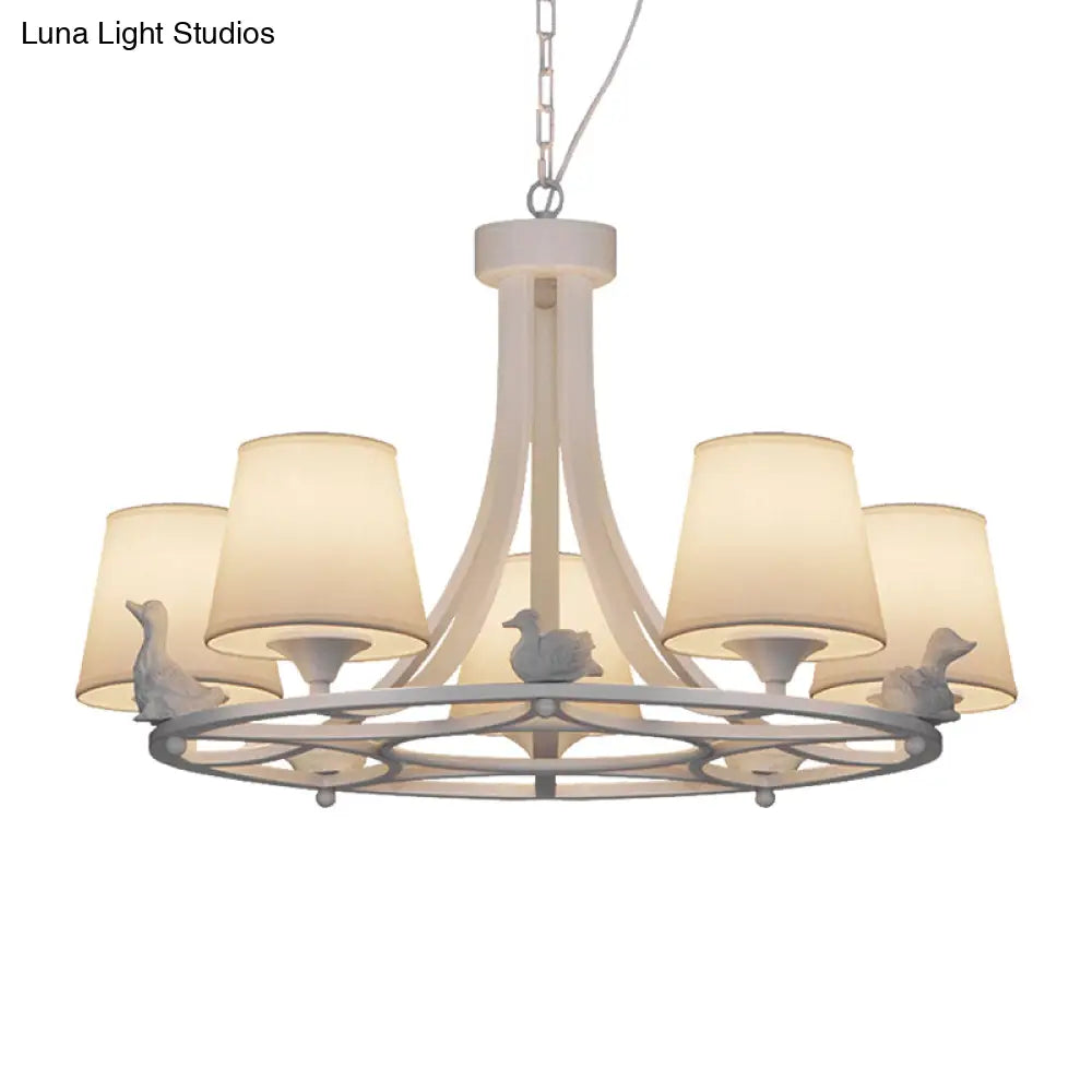 Rustic White Chandelier Lamp With 5 Fabric Cone Pendant Lights And Duck Decoration For Living Room