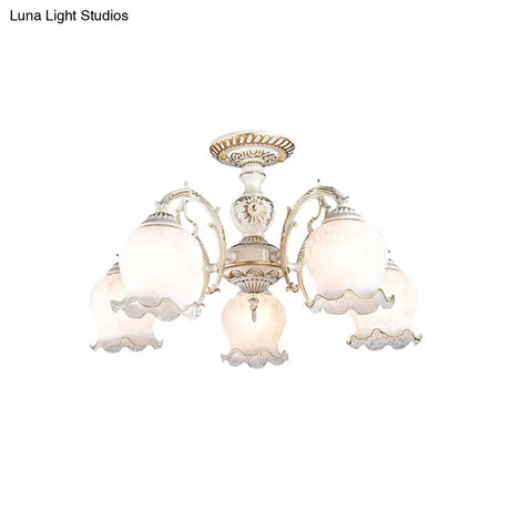 Rustic White Glass Semi Flush Mount Light Fixture With Beige Finish - Flower Living Room 3/5/6 Bulbs