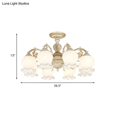Rustic White Glass Semi Flush Mount Light Fixture With Beige Finish - Flower Living Room 3/5/6 Bulbs