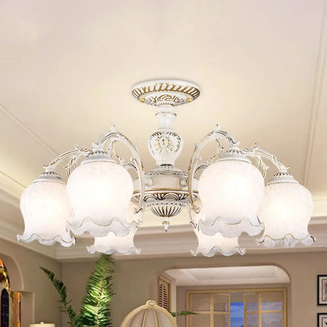 Rustic White Glass Semi Flush Mount Light Fixture With Beige Finish - Flower Living Room 3/5/6