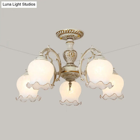 Rustic White Glass Semi Flush Mount Light Fixture With Beige Finish - Flower Living Room 3/5/6 Bulbs