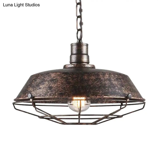 Wire Cage Pendant Light With Rustic Barn Shade - 1 Iron Fixture In Antique Brass/Rust 10-18 Width