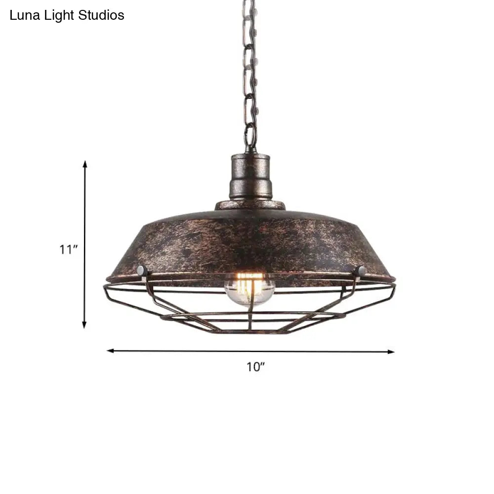 Wire Cage Pendant Light With Rustic Barn Shade - 1 Iron Fixture In Antique Brass/Rust 10-18 Width