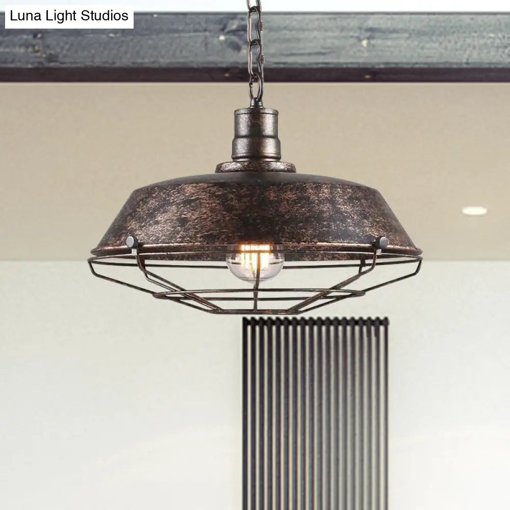 Rustic Wire Cage Pendant Light With Barn Shade In Antique Brass/Rustic Finish 1 10’/14’/18’ Width