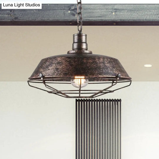 Rustic Wire Cage Pendant Light With Barn Shade In Antique Brass/Rustic Finish 1 10’/14’/18’ Width