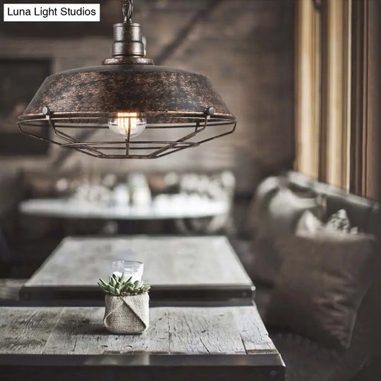 Wire Cage Pendant Light With Rustic Barn Shade - 1 Iron Fixture In Antique Brass/Rust 10-18 Width