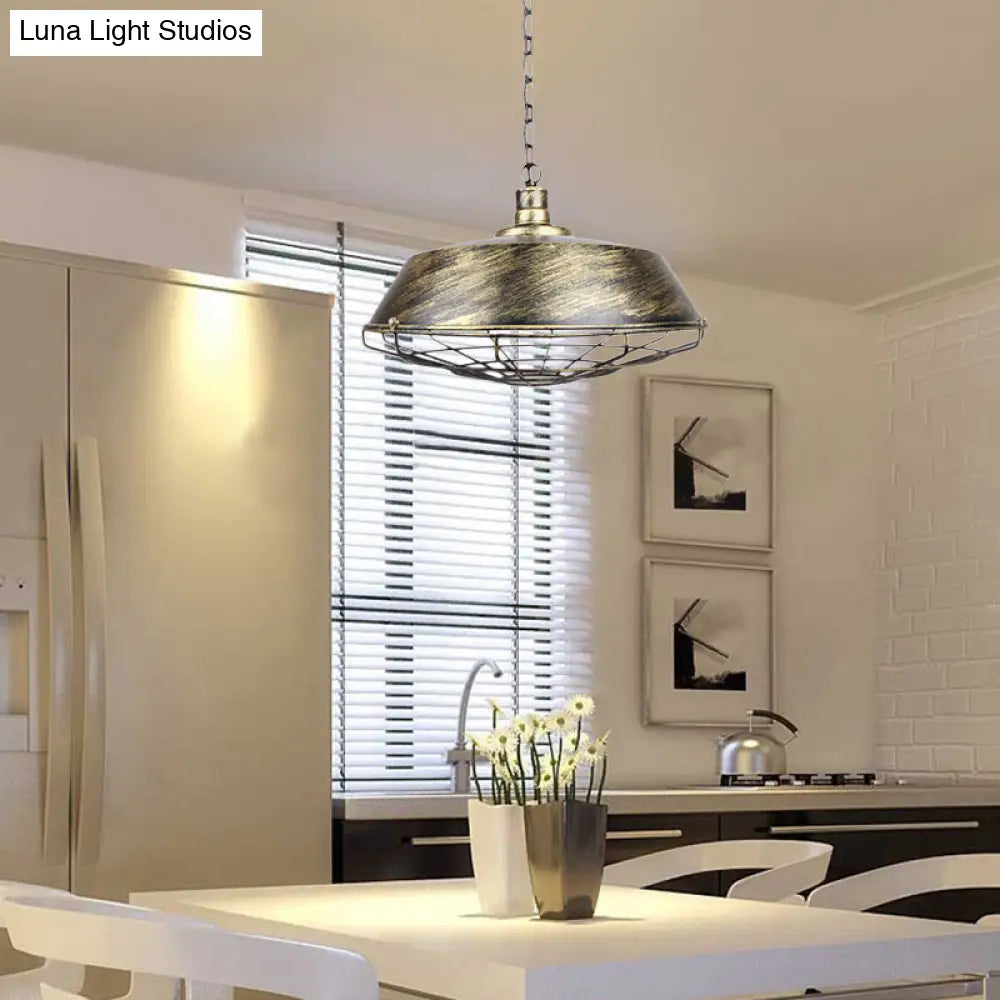 Wire Cage Pendant Light With Rustic Barn Shade - 1 Iron Fixture In Antique Brass/Rust 10-18 Width