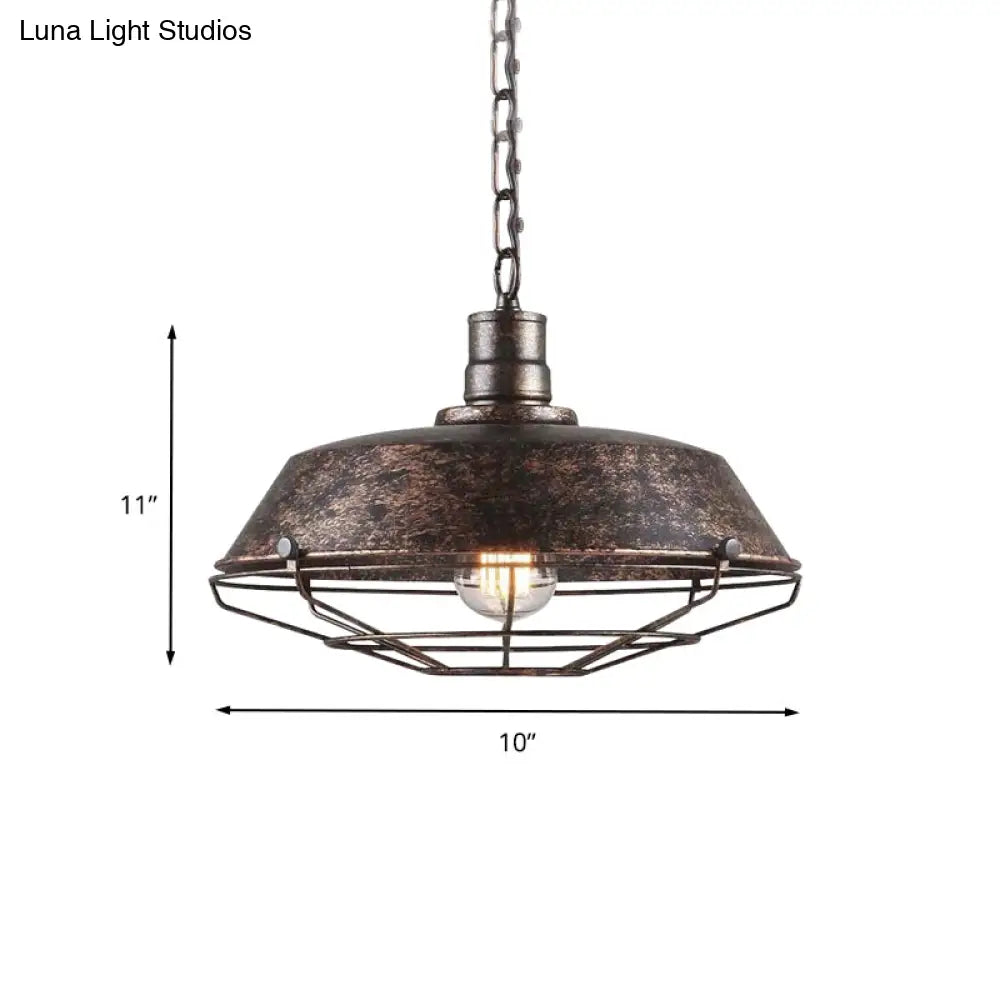 Rustic Wire Cage Pendant Light With Barn Shade In Antique Brass/Rustic Finish 1 10’/14’/18’ Width