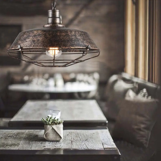 Rustic Wire Cage Pendant Light With Barn Shade In Antique Brass/Rustic Finish 1 10’/14’/18’