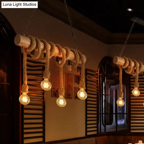 Rustic Wood And Rope Island Pendant Light Fixture - 4-Head Open Bulb Suspension Lighting