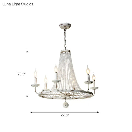 Rustic Wood Bead Chandelier With Clear Crystals - Vintage Wagon Wheel Pendant Light For Living Room