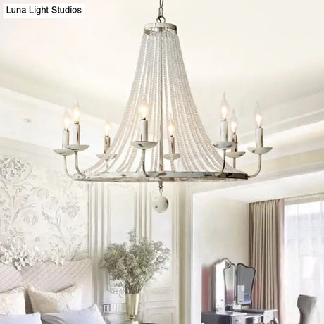 Rustic Wood Bead Chandelier With Clear Crystals - Vintage Wagon Wheel Pendant Light For Living Room