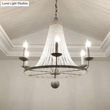 Rustic Wood Bead Chandelier With Clear Crystals - Vintage Wagon Wheel Pendant Light For Living Room