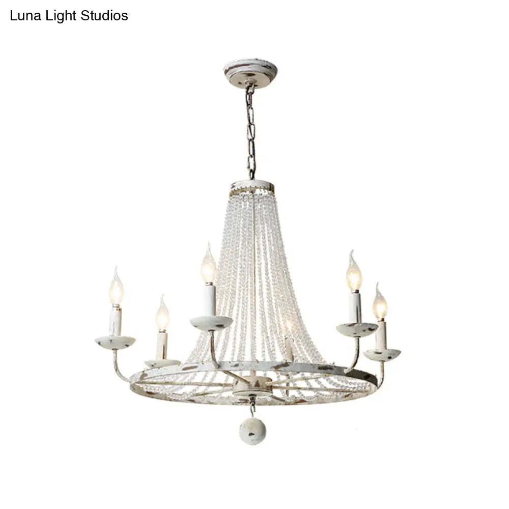 Rustic Wood Bead Chandelier With Clear Crystals - Vintage Wagon Wheel Pendant Light For Living Room