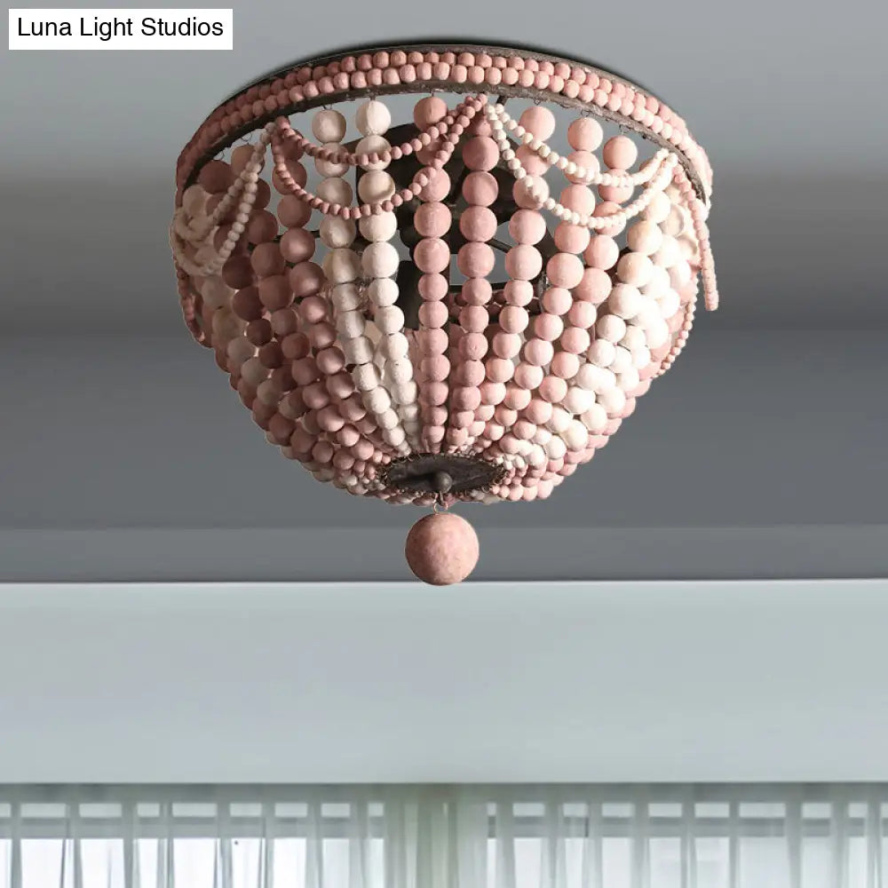 Rustic Wood Beaded Dome Flushmount Chandelier - 3 Bulb Ceiling Mount For Dining Table